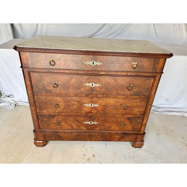 Late 19th Century French Louis Philippe Burled Walnut and Marble Top Chest of Drawers Commode For Sale - Image 10 of 12
