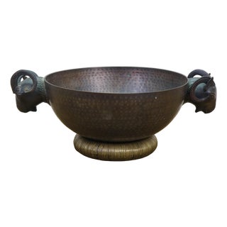 Vintage Hammered Brass Rams Bust Head Centerpiece Bowl 18" For Sale