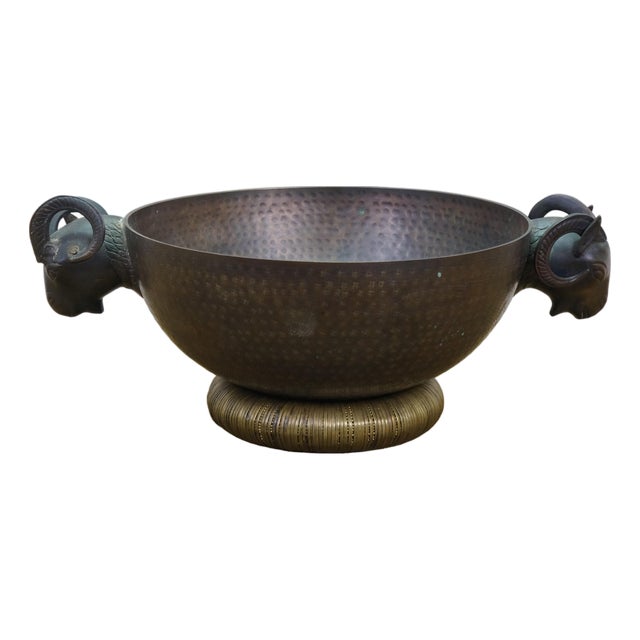 Vintage Hammered Brass Rams Bust Head Centerpiece Bowl 18" For Sale