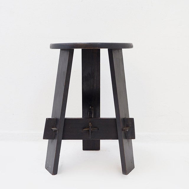 Mid-Century Modern Vintage Black-Stained Wooden Tripod Stool with Tenon Joints For Sale - Image 3 of 13