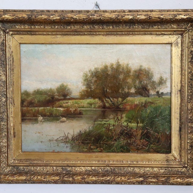 Landscape with Swans, Oil Painting on Canvas, 19th Century, Framed For Sale - Image 4 of 16