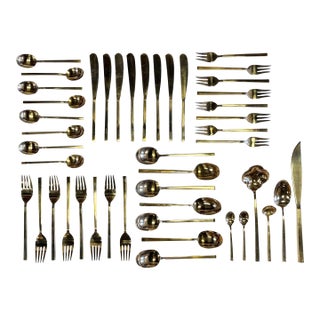 Vintage Boxed Nickel Bronze Flatware Snack Set, 45 Pieces For Sale