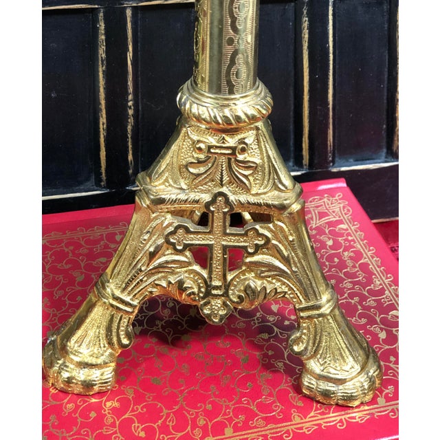 Antique Gothic Revival Brass Alter Candle Holders Candlesticks Set of