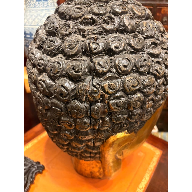 Wood Large Gilt Wood Chinese Buddha Head For Sale - Image 7 of 7