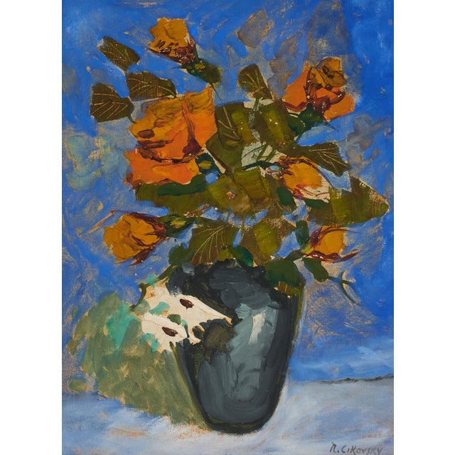 Nicolai Cikovsky, Modernist Floral Oil Painting Roses, Flowers in Vase WPA Artist Nicolai Cikovsky For Sale