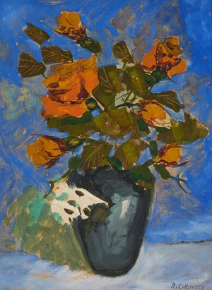 Nicolai Cikovsky, Modernist Floral Oil Painting Roses, Flowers in Vase WPA Artist Nicolai Cikovsky