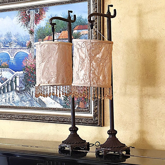 Vintage Bridge Arm Table Lamps With Beaded Shades - Pair For Sale - Image 18 of 18