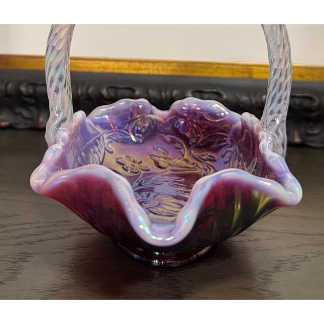 1990s 1990s Handmade Fenton Plum Opalescent Art Glass Basket With Iridescent Finish For Sale - Image 5 of 13