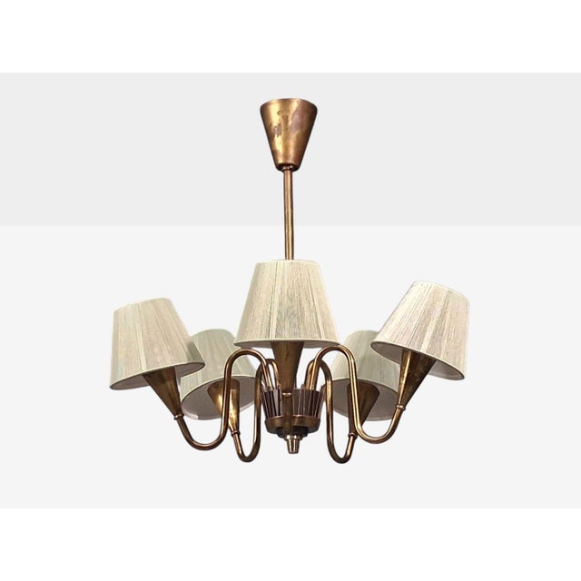 1950s Swedish Modern, Five Arm Chandelier, Patinated Brass For Sale In New York - Image 6 of 13