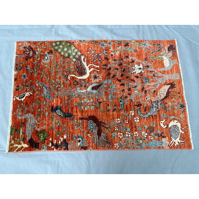 Art Deco Pictorial Peacock Tree of Life Natural Dye Wool Rug, 2'9" X 4'2" For Sale - Image 3 of 17