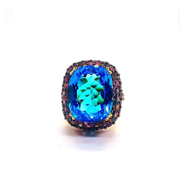 Bochic “Orient” Vintage London Blue Topaz & Pink Sapphire Ring Set In 18 K Gold & Silver Natural Center Blue Topaz 16.00...