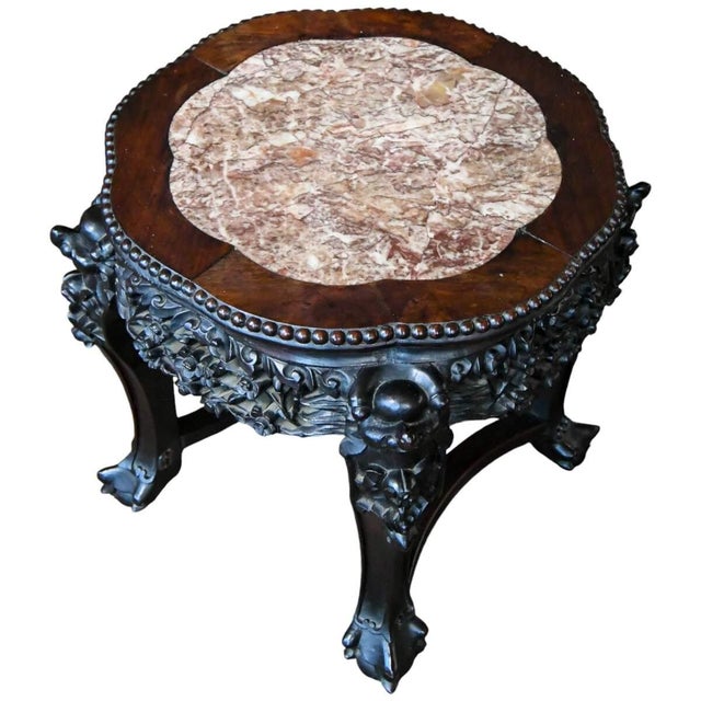 Mid 20th Century Mid 20th Century Chinese Octagon Rosewood Hand-Carved Pink Marble Top Table For Sale - Image 5 of 7