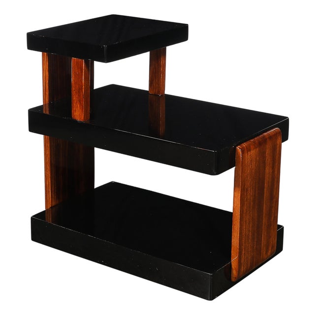 Art Deco Machine Age Three-Tier Black Lacquer & Walnut Side Table For Sale