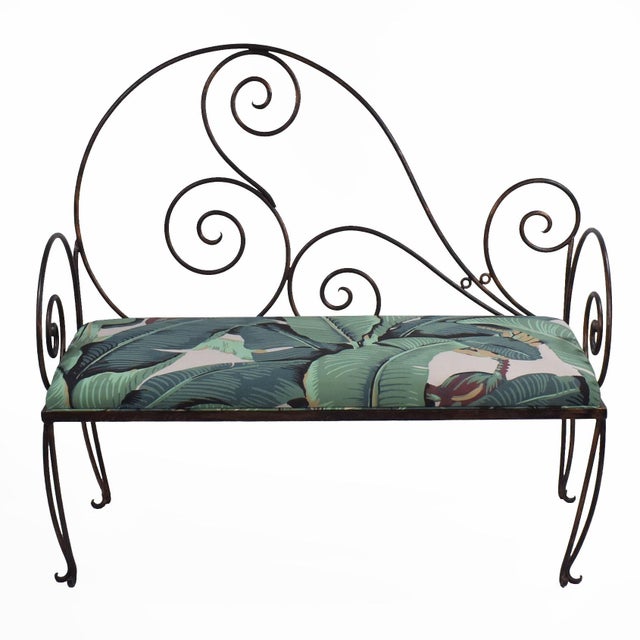 Upholstered Neoclassical Iron Bench in nice as found VINTAGE condition. There are minor scuffs, scrapes and wear to the...