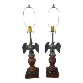 Pair of Vintage Mid 20th Century Federal Brass & Wood Eagle Table Lamps With Wood Turned Base, Rewired For Sale
