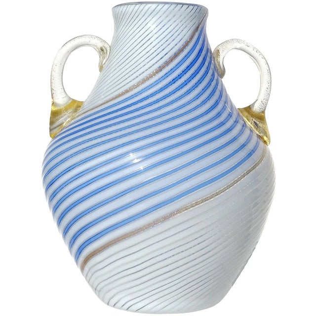 Murano Dino Martens 50s White Blue Ribbons Gold Flecks Vintage Italian Art Glass Flower Vase For Sale In Orlando - Image 6 of 6