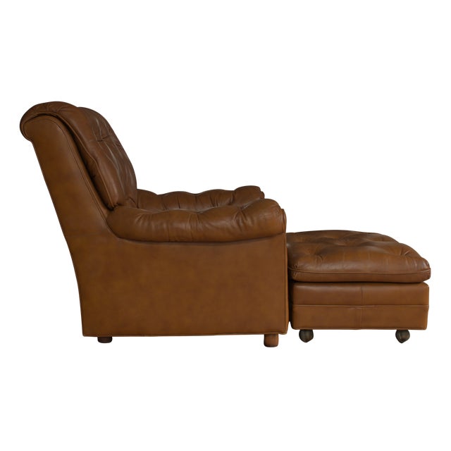 1970s "Classic Leather" Top Grain Tufted Chair & Ottoman With Brass Casters, Made in Usa For Sale - Image 4 of 9