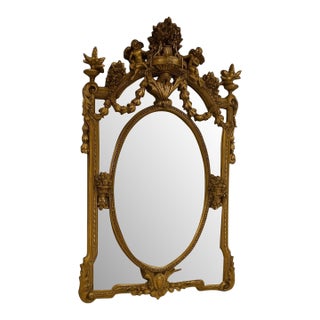 Ornate Venetian-Style Gold Wood Mirror With Cherubs & Floral Carvings, 52.4" H For Sale