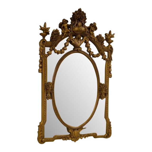 Ornate Venetian-Style Gold Wood Mirror With Cherubs & Floral Carvings, 52.4" H For Sale