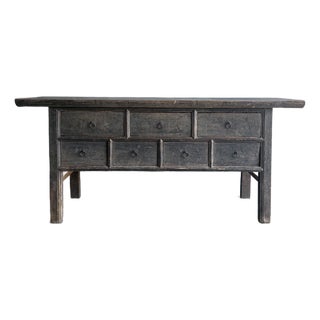 Vintage Elm Wood Console Table With Drawers For Sale