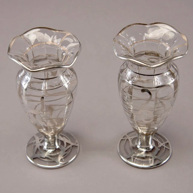 1940s Silver Overlay Glass Vases - a Pair For Sale - Image 9 of 10