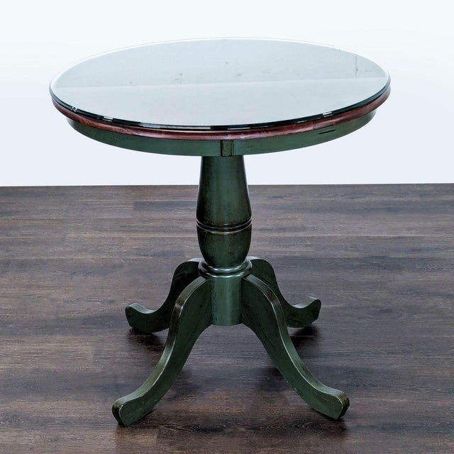 Distressed green base and wood table with glass protective top. Brand: Pier 1 Imports. Dimensions (in): 30W x 30D x 30H.