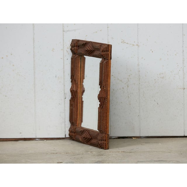 Wood French 1900s Hand Carved Tramp Art Mirror with Raised Diamond Motifs For Sale - Image 7 of 9