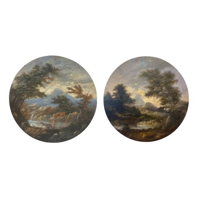 Circular Panels with Landscape, Oil on Canvases, 1890s-1910s, Set of 2 For Sale