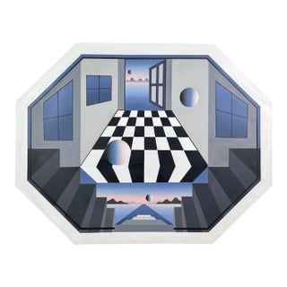 1980s Large Op Art Geometric Acrylic Signed Painting on Canvas For Sale