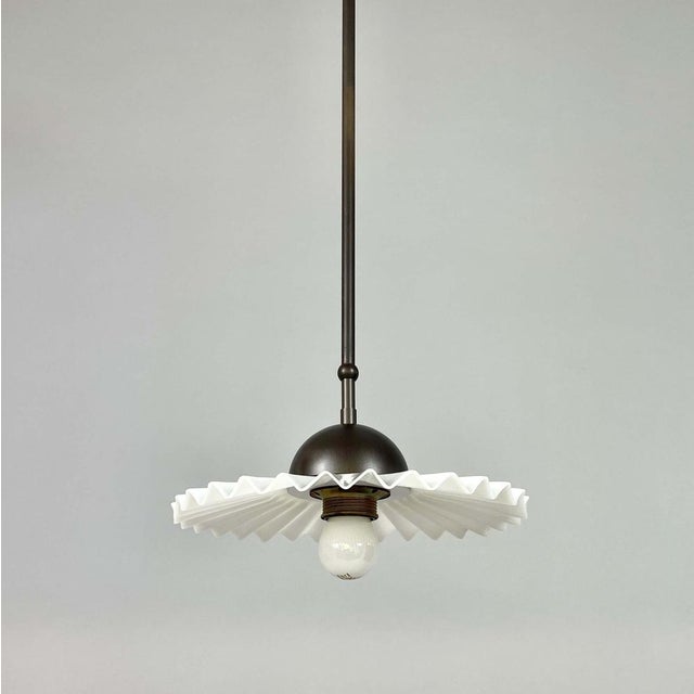 French Art Deco White Opaline Glass and Burnished Brass Pendant, 1940s For Sale - Image 15 of 18