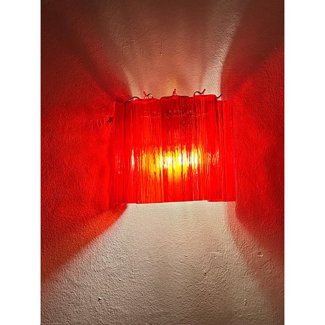 Contemporary scenographic red “tronchi” wall sconces in venini style. Set of two. hand-made in murano glass , all made in...