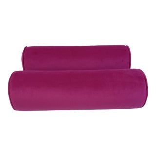 Early 21st Century Pink Velvet Bolster Pillows- a Pair For Sale