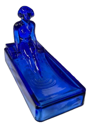 Vintage Art Deco Nude Woman in a Pool Cobalt Blue Glass Soap, Jewelry, or Trinket Dish After Lalique Henrich Hoffmann
