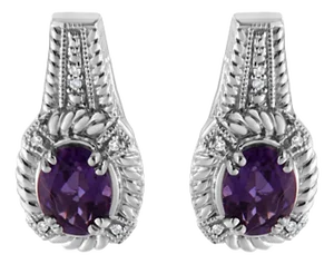 .925 Sterling Silver 8x6 MM Natural Oval Purple Amethyst Gemstone and Diamond Accent Art Deco Style Drop and Dangle Earrings - 2 Pieces
