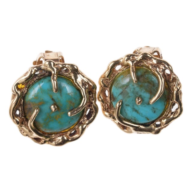 Mid Century 14k gold/Turquoise clip on earrings For Sale