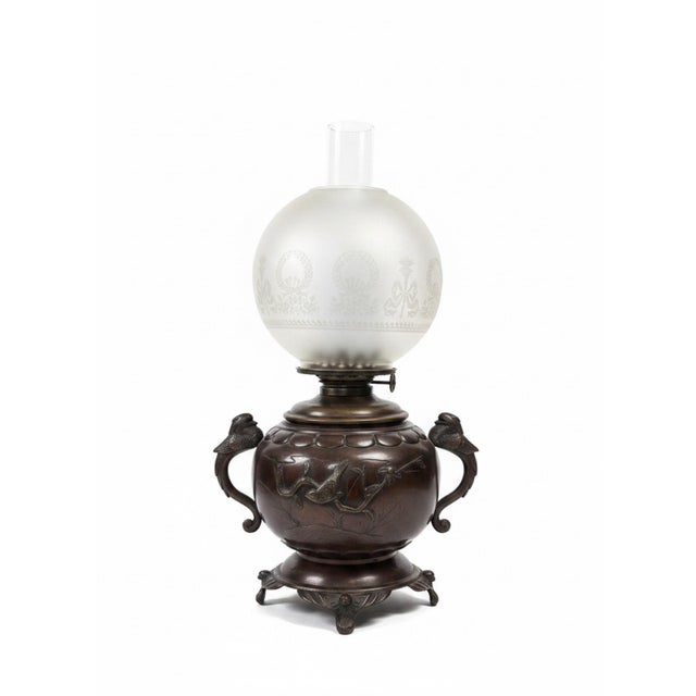 Antique Patinated Bronze Oil Lamp Kerosene Meiji Style Etched Glass Globe Eagle For Sale - Image 4 of 12