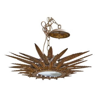 Mid 20th Century Spanish Gilt Metal Sunburst Chandelier with Frosted Glass For Sale