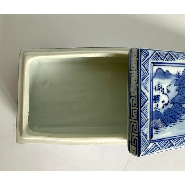 Blue Vintage Blue & White Chinoiserie Porcelain Lidded Trinket Box With Landscape Scene For Sale - Image 8 of 9