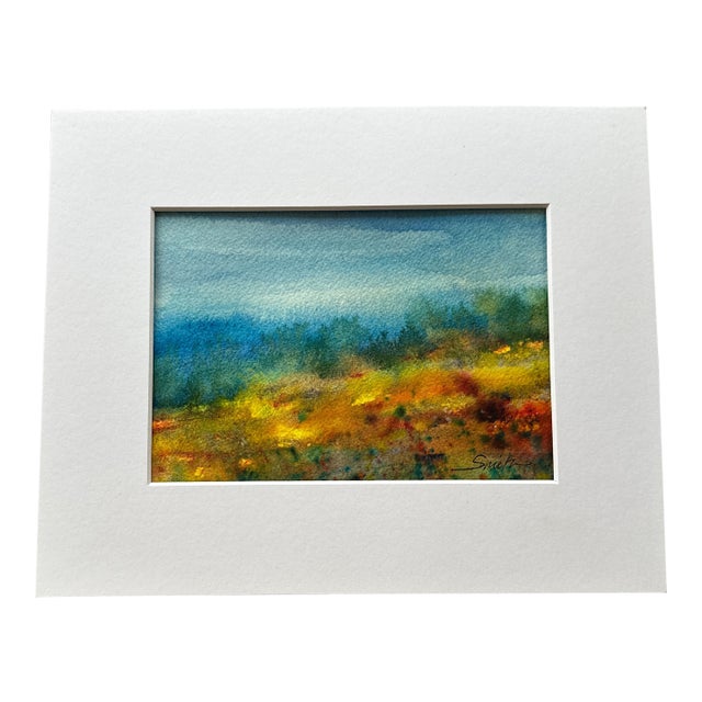 “Wildflower Hillside” Original Matted Watercolor Landscape by Nancy Smith For Sale