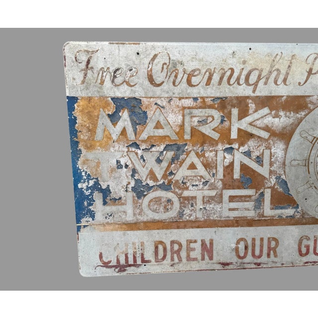 Vintage Mark Twain Hotel Painted Metal 4’ X 6’ Billboard Advertising Sign In original estate fresh uncleaned condition...