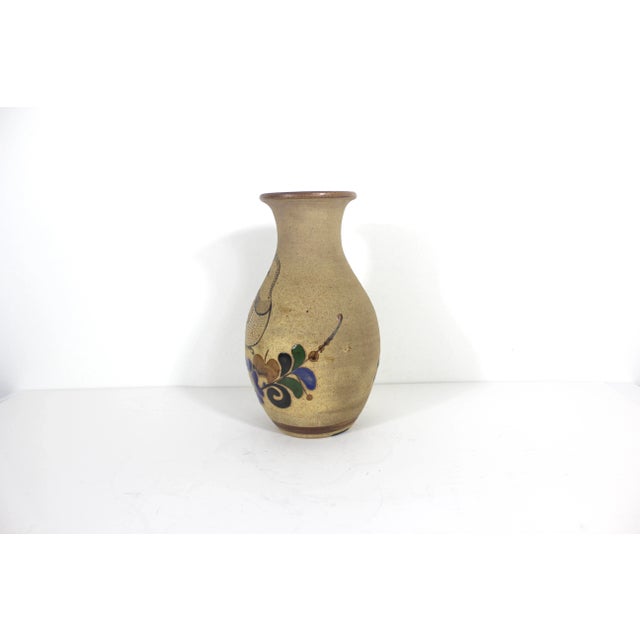 Vintage Mexican Pottery Vase With Bird Blue Brown Tonala Mexico Glazed Interior Signed For Sale - Image 4 of 9