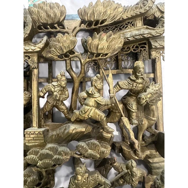 Chinese Antique Chinese Gilt Carved Wood Wall Panel, Battle Scene Relief For Sale - Image 3 of 15