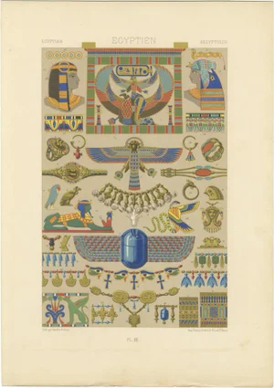 After Racinet, Ancient Egyptian Ornament with Symbols & Jewelry, 1869, Lithograph