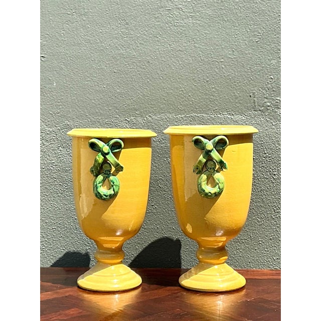 Yellow Vintage Italian Pedestal Ceramic Vases With Bow Detail For Sale - Image 8 of 12
