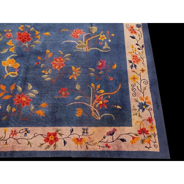 1920s 1920s Royal Blue Floral Antique Chinese Art Deco Rug 6'0" X 8'9" Knotted Wool Carpet For Sale - Image 5 of 9