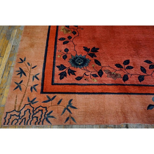 1920s Coral Open Field Antique Chinese Art Deco Square Knotted Pile Floral Rug For Sale - Image 10 of 10