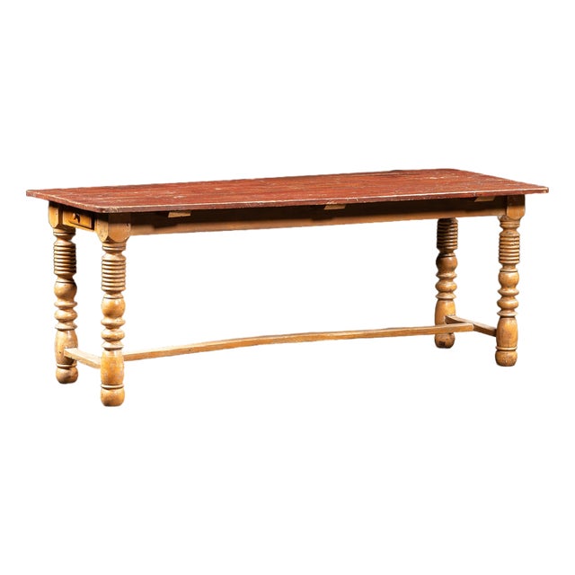 Early 20th Century Primitive Painted Pine Harvest Table For Sale