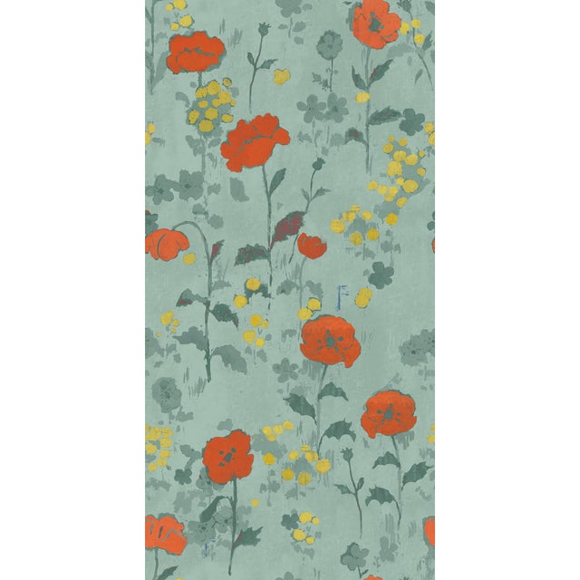 Sample - Large Scale, Poppies Wallpaper by Paule Marrot in Green For Sale