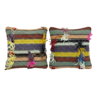 Tribal Turkish Kilim Rug Pillow Cover 19'' X 19'' - Set of Two For Sale