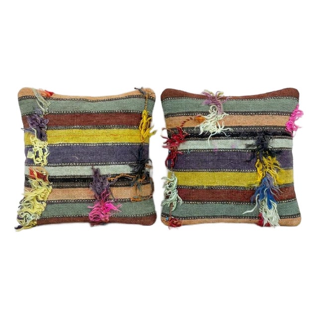 Tribal Turkish Kilim Rug Pillow Cover 19'' X 19'' - Set of Two For Sale
